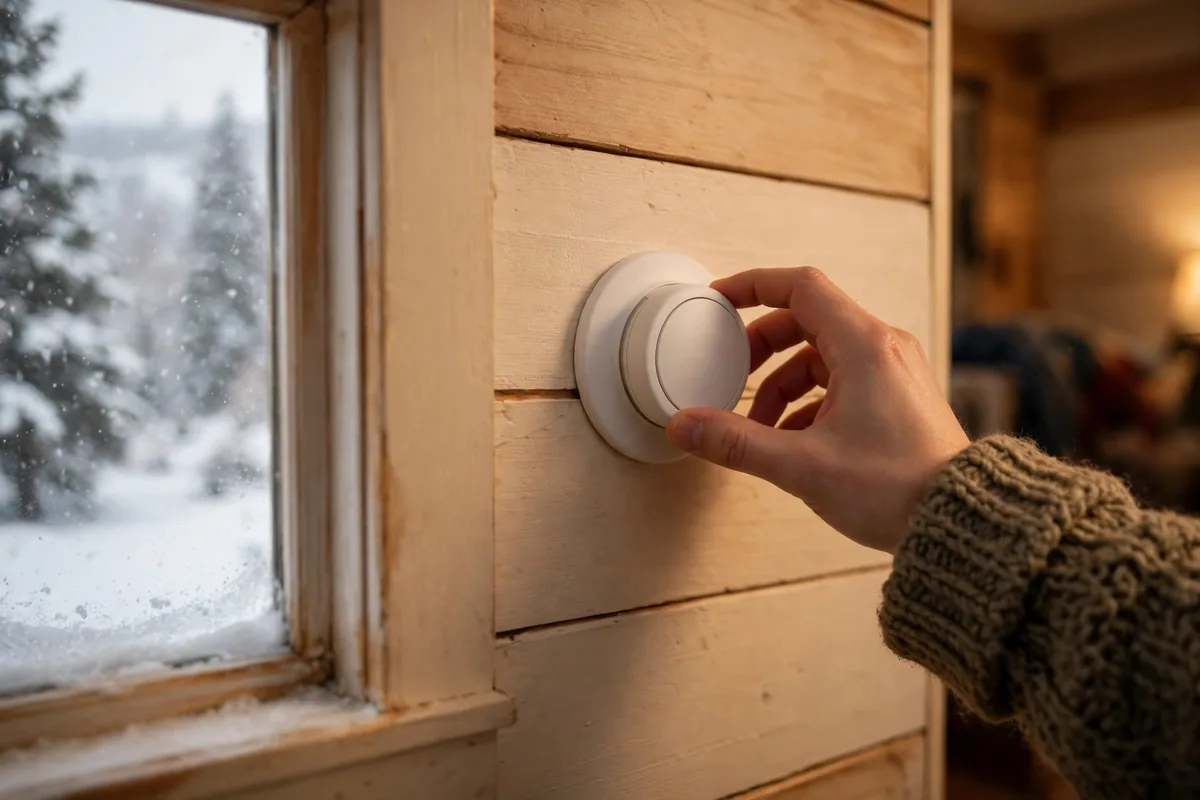 A hand turning a plain round thermostat beside a snowy window