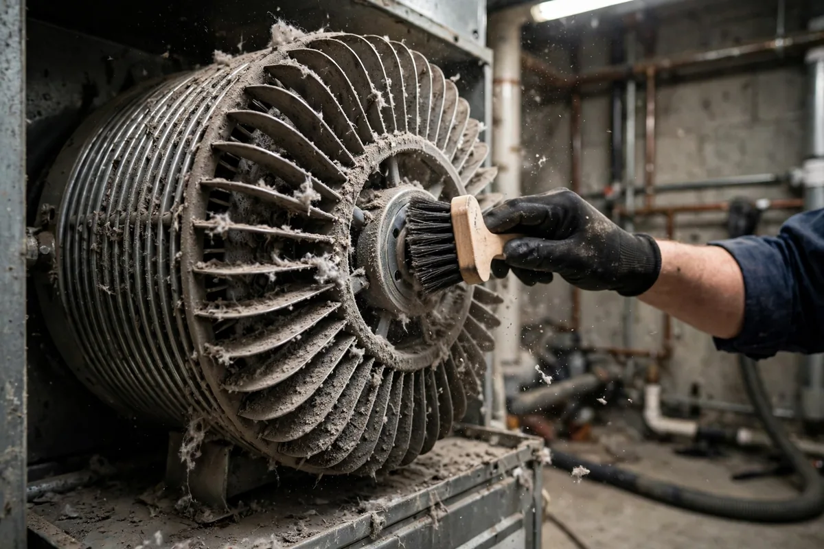 Gloved hand brushing dust from a dirty furnace blower wheel