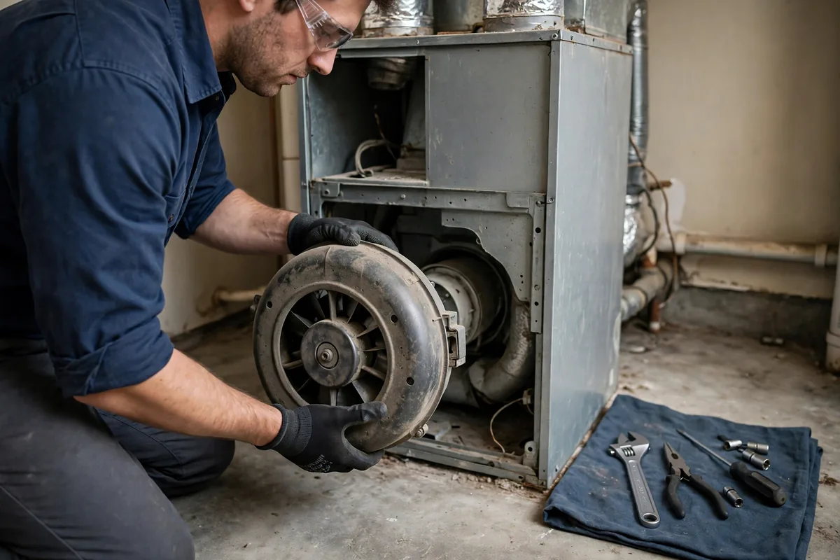 Technician removing a round blower motor from an open home furnace