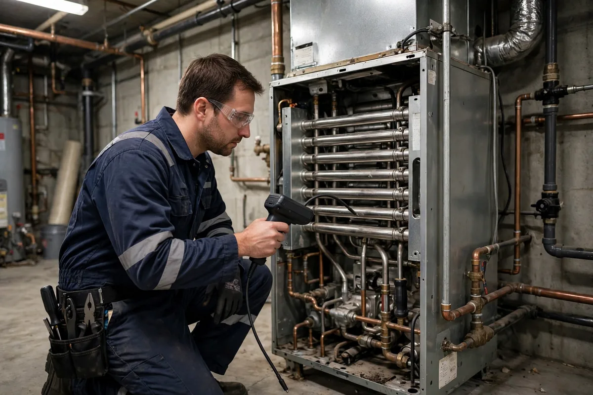 Technician testing a furnace heat exchanger with a handheld detector