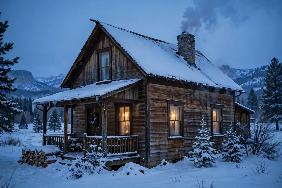 A Cheyenne house in winter with snow on the roof and heat rising from the chimney