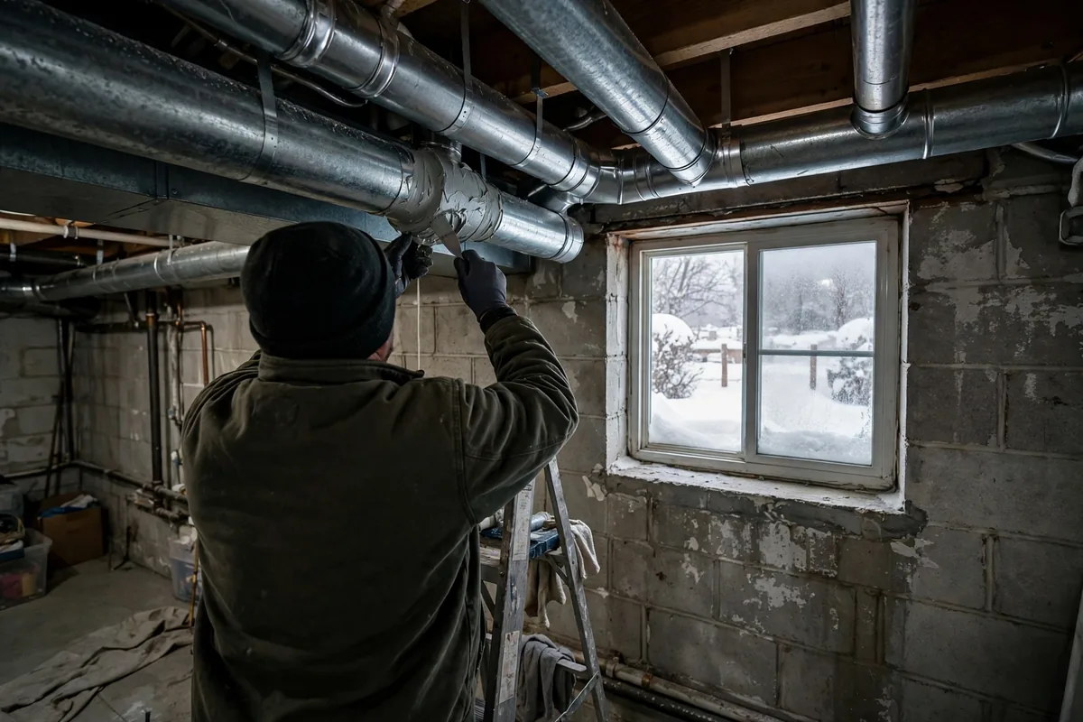 Technician sealing ductwork in a basement, snow visible through the window