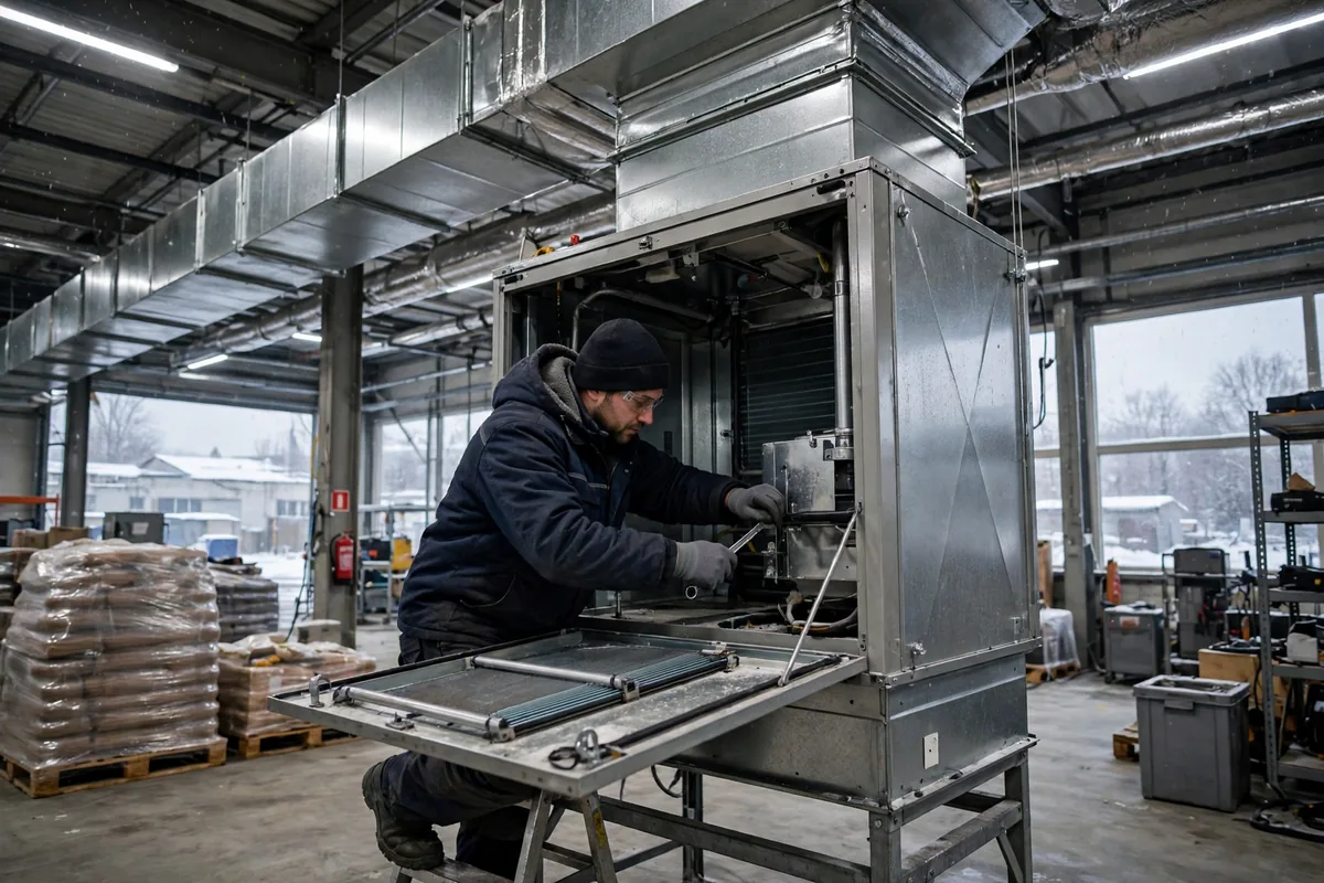 Technician servicing a large commercial heating unit inside a warehouse