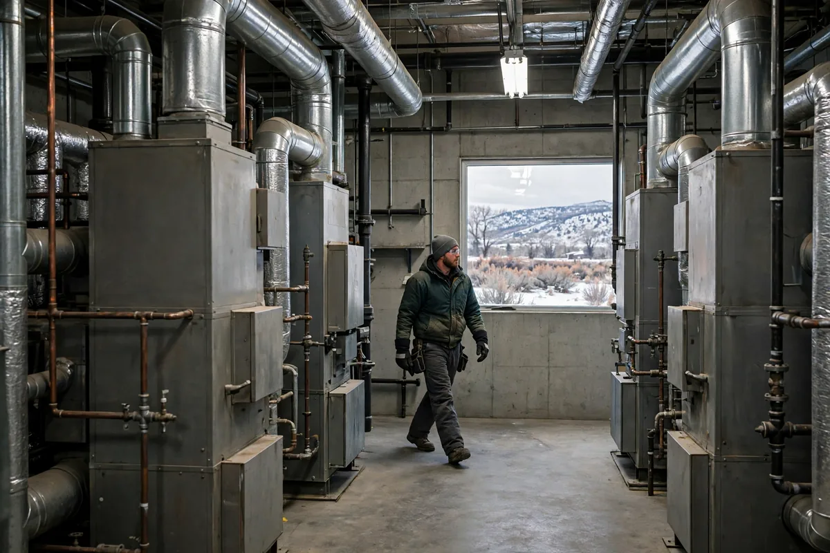 Technician walking between large commercial furnace units in a Wyoming shop mechanical room