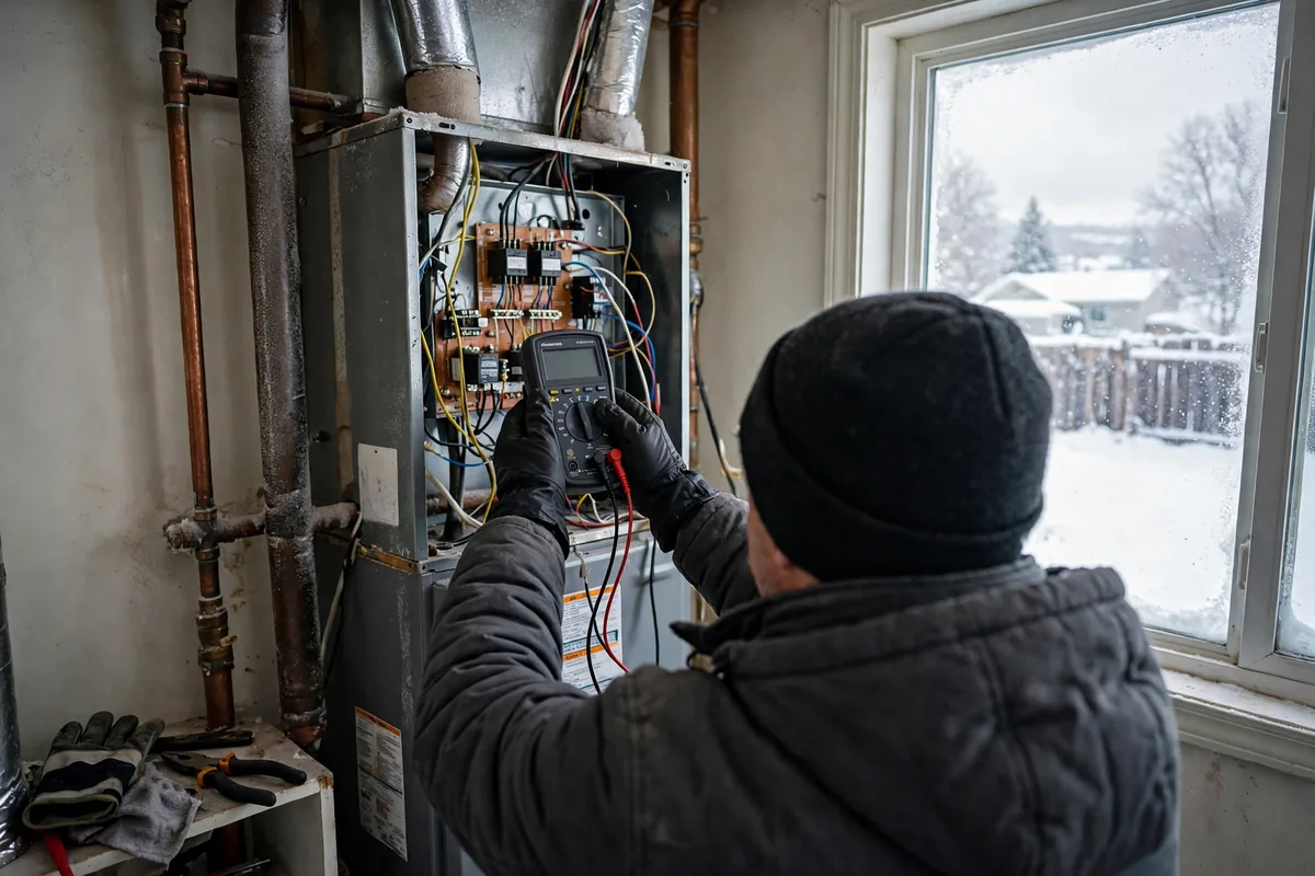 Technician testing a furnace control board with a meter, snowy yard visible through the window
