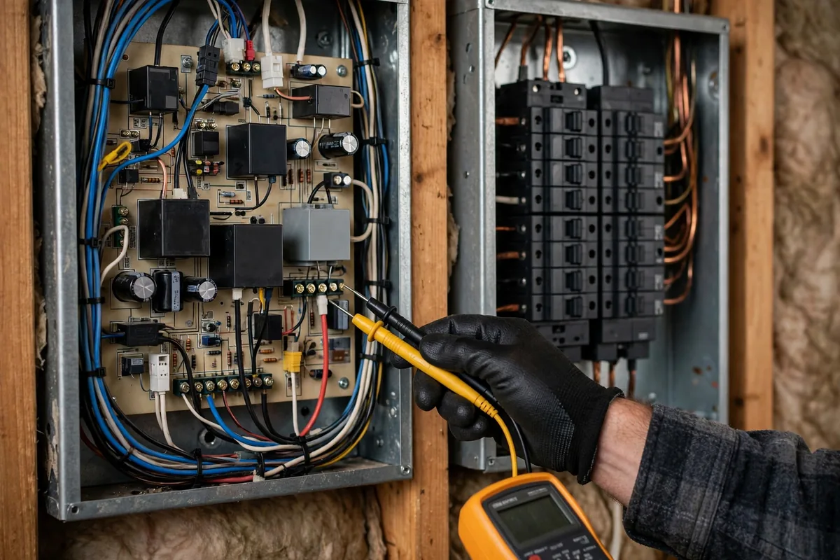 Hand testing a furnace control board and breaker panel with meter probes