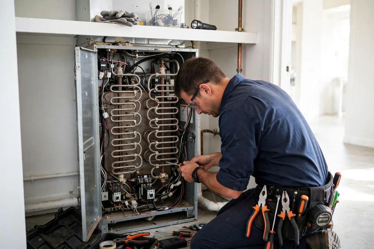Technician working on an open electric furnace with heating elements visible in a utility closet