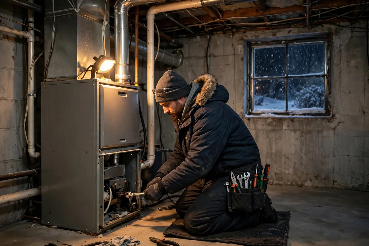 Technician kneeling beside a home furnace in a basement at night, snow visible through the window