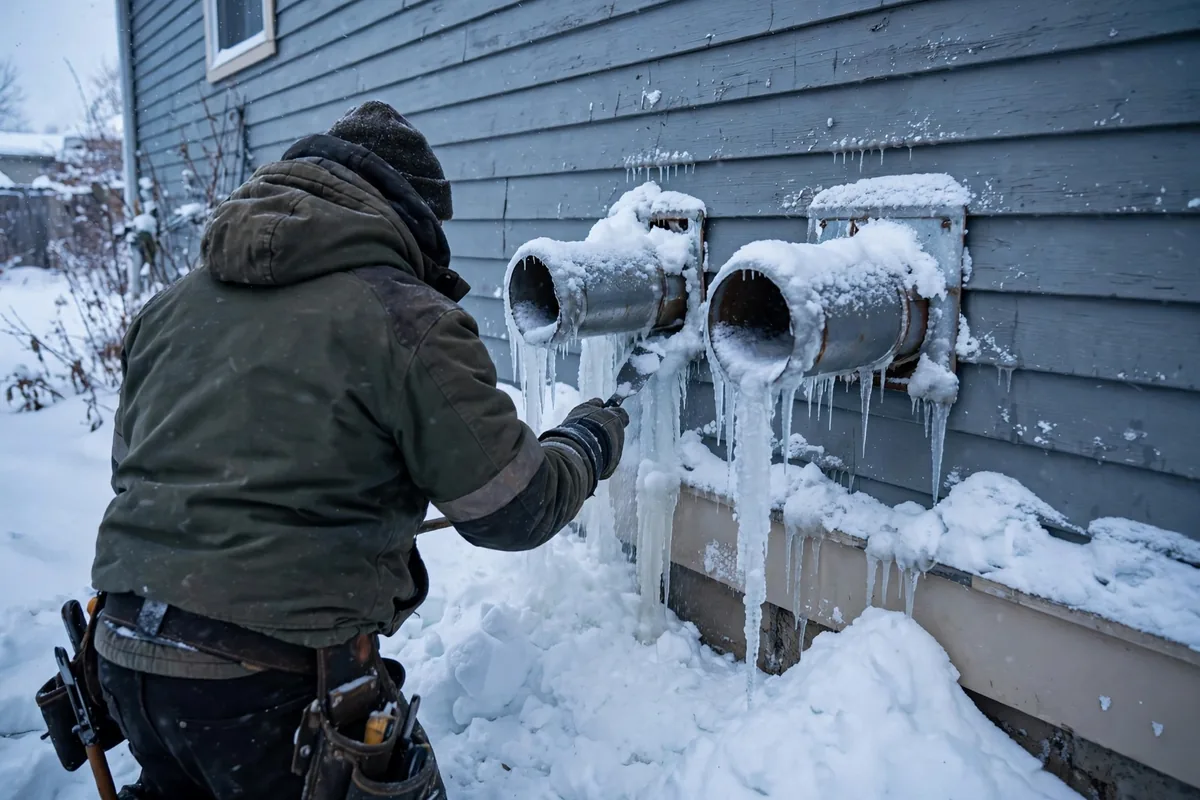 Technician clearing ice from exterior furnace vent pipes on a snowy home