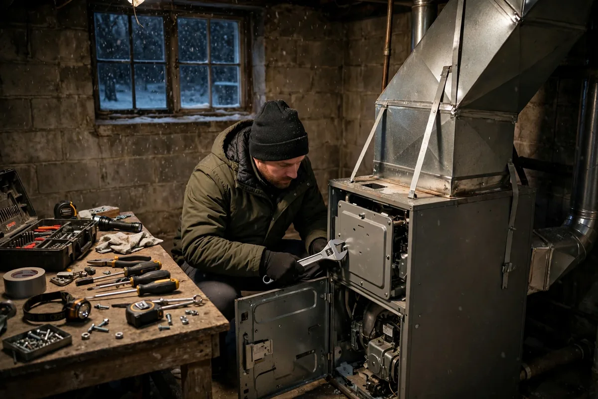 Technician in a winter coat working on a furnace in a cold utility room