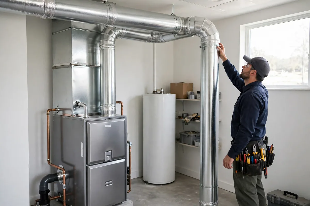 Technician checking ductwork connected to a newly installed furnace