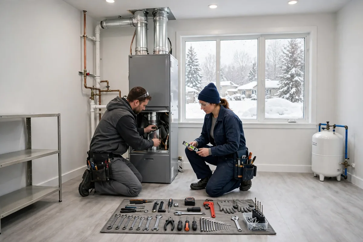 Two technicians fitting a new furnace in a bright utility room with snow outside the window