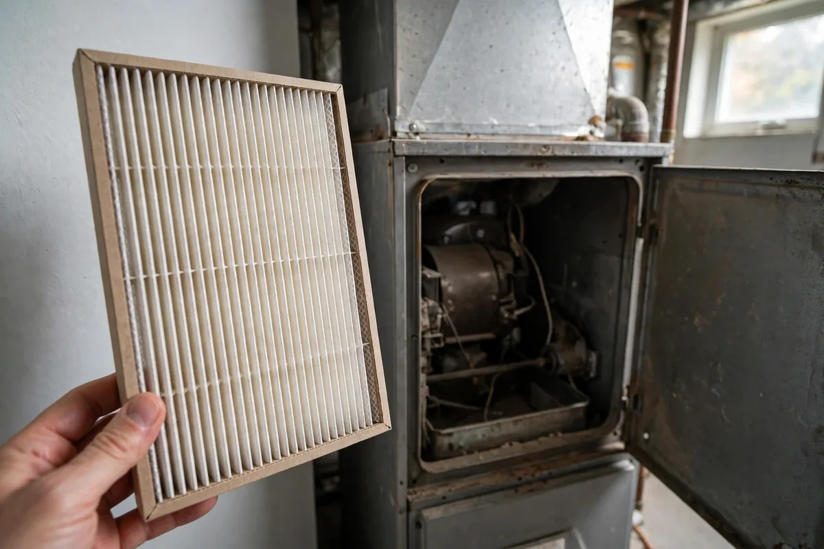 Hand holding a clean furnace filter beside an open furnace