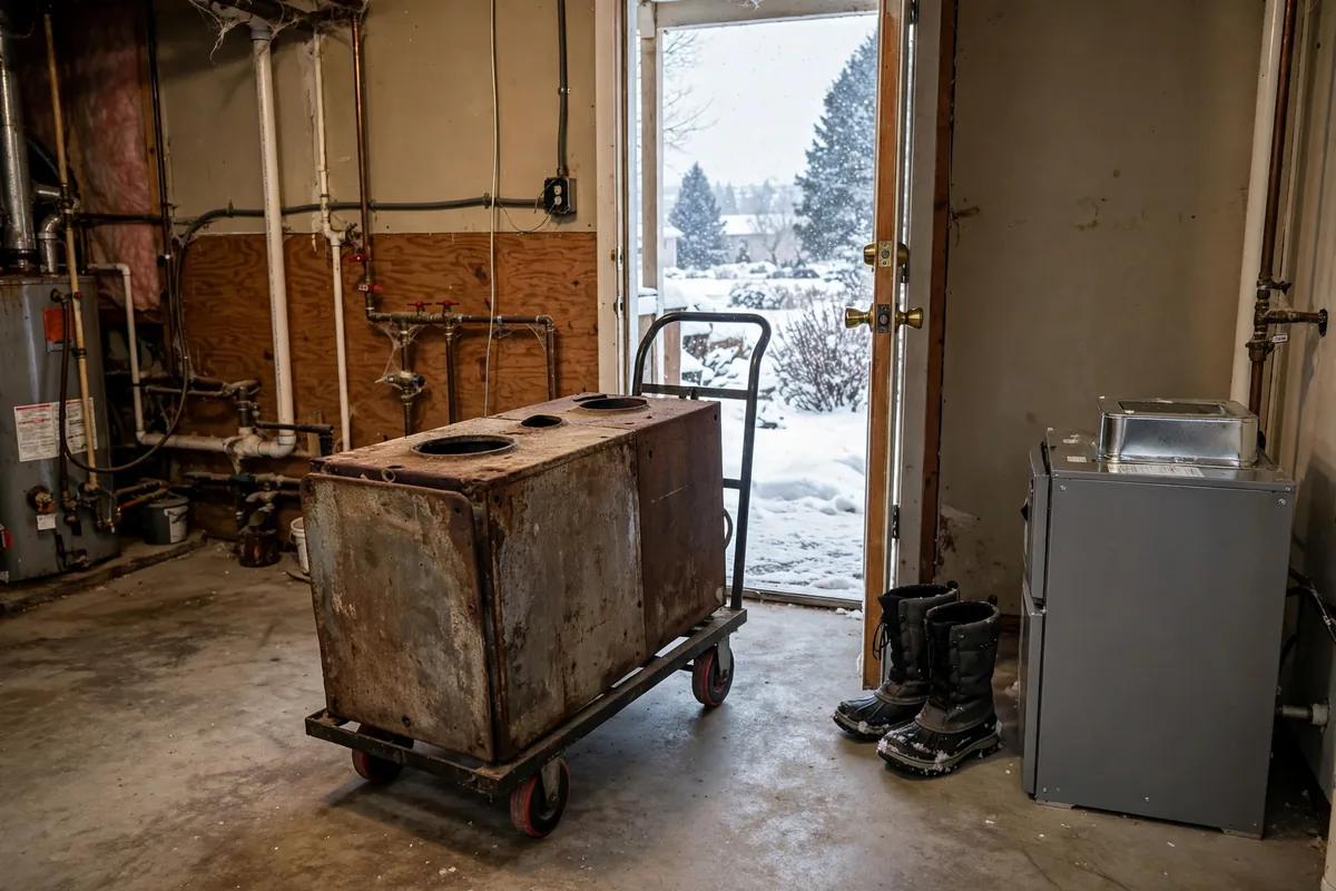 Old rusted furnace on a dolly beside a new furnace in a utility room, snow outside
