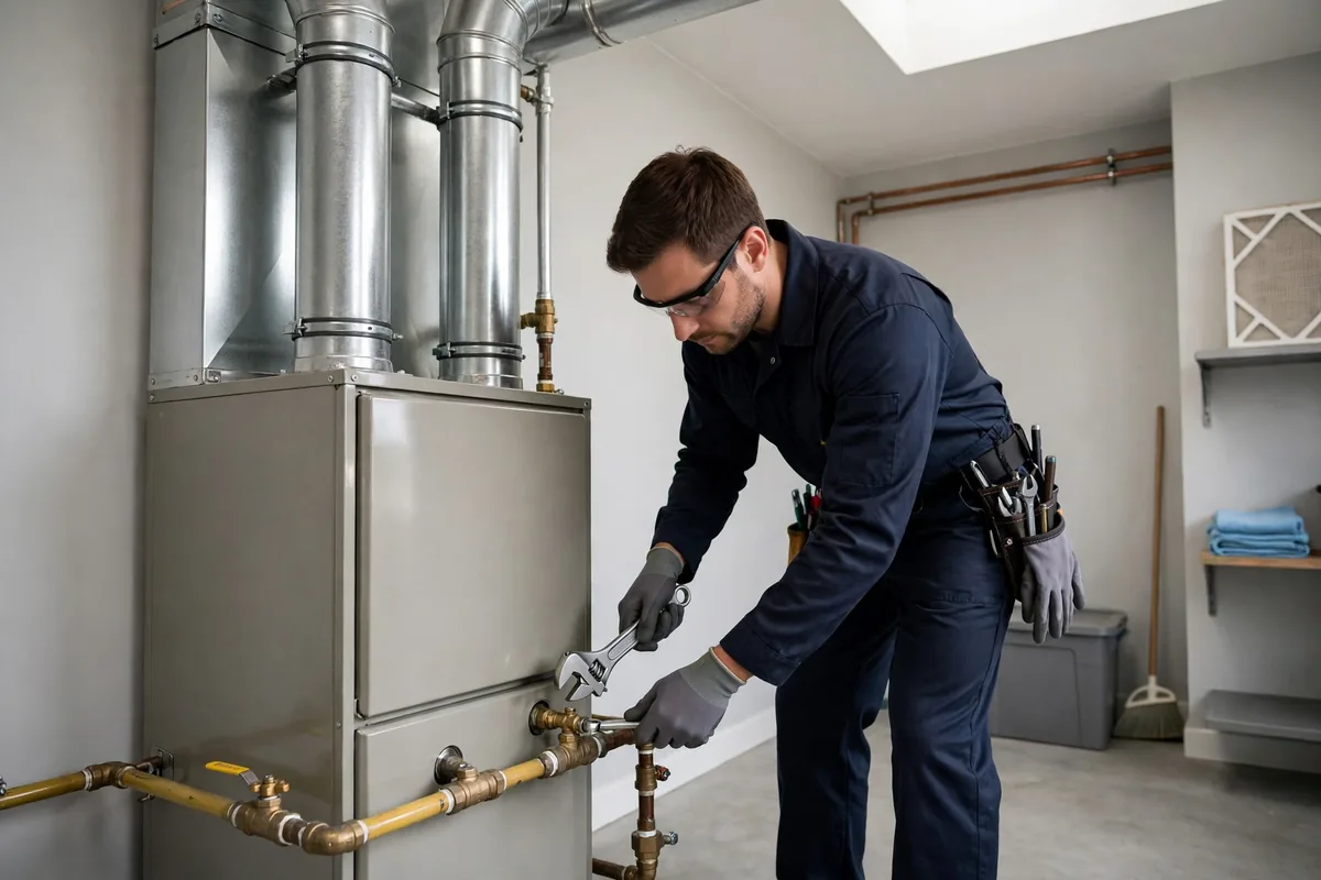 Technician tightening a gas valve connection on a home furnace