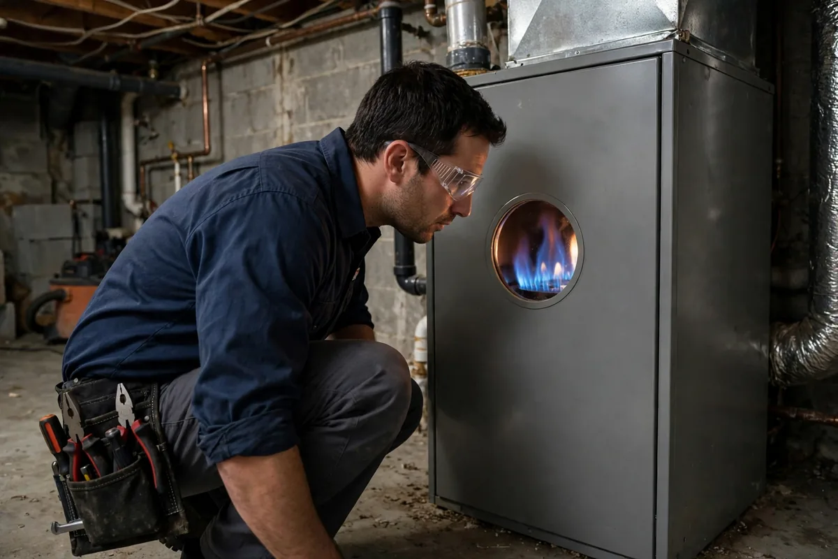 Technician looking at blue burner flames through a gas furnace viewing window