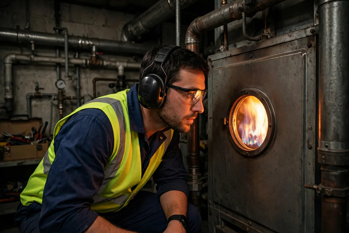 Technician looking at a furnace burner flame through a round inspection window