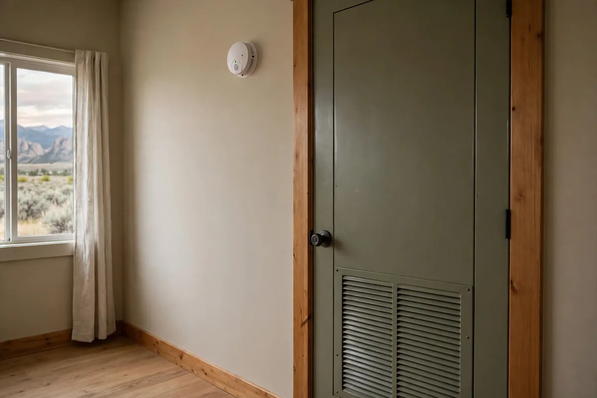 Carbon monoxide detector on a hallway wall near a furnace room door