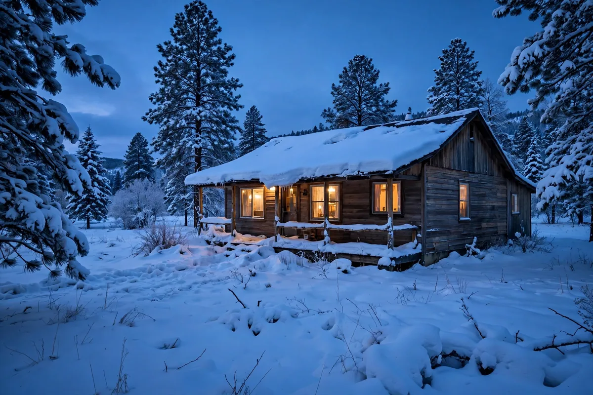 A Wyoming cabin in deep snow at dusk with warm light in the windows