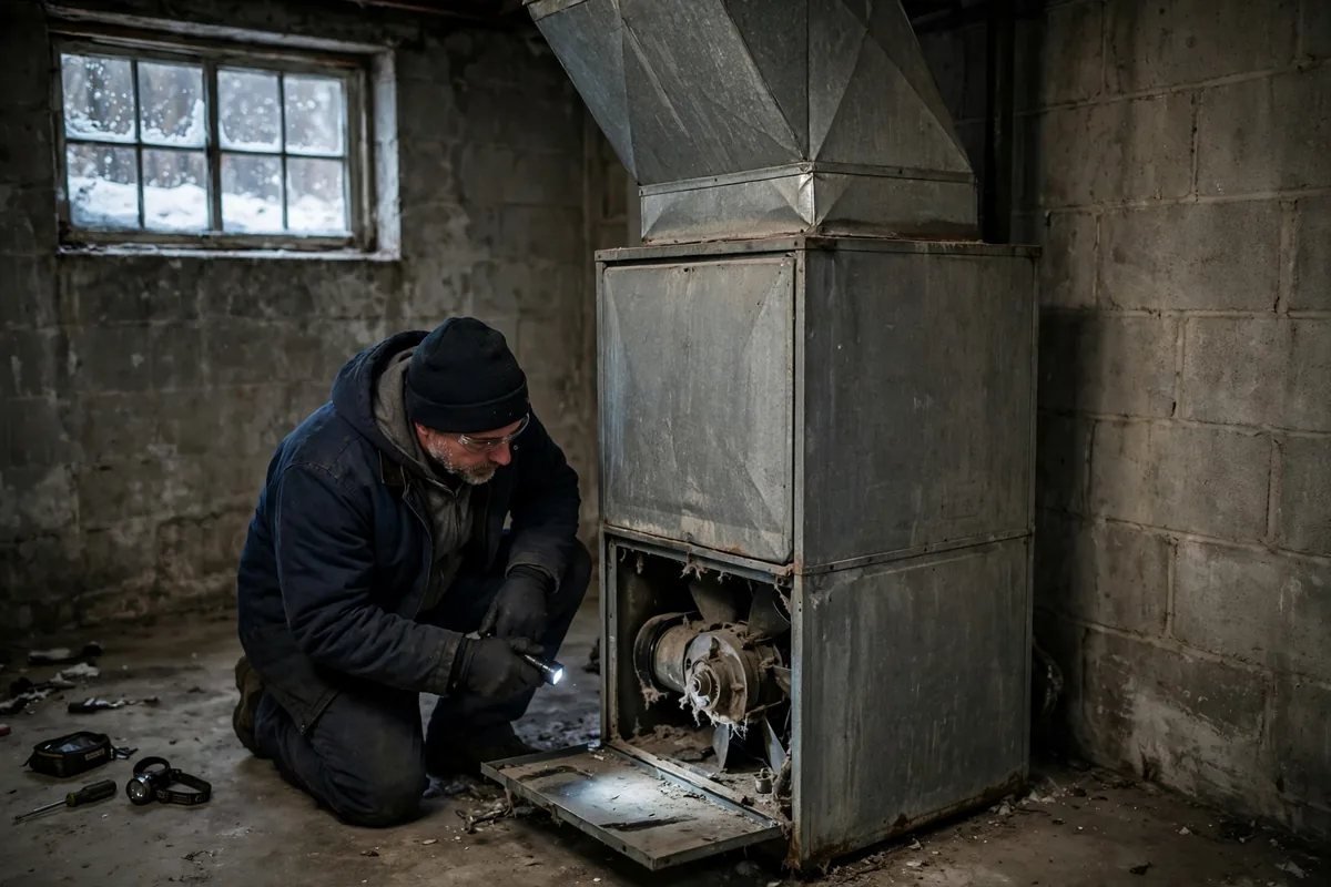 Technician inspecting an older forced-air furnace with a flashlight in a basement