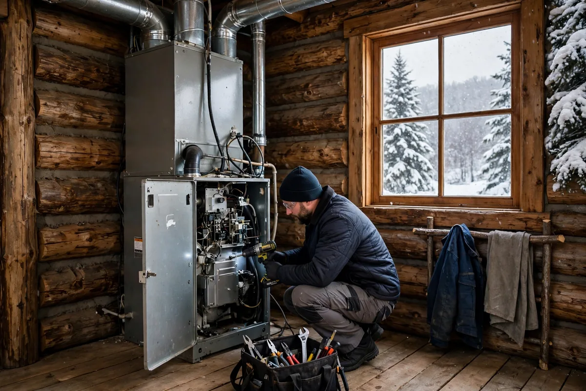 A technician servicing a furnace inside a Jackson log cabin in winter