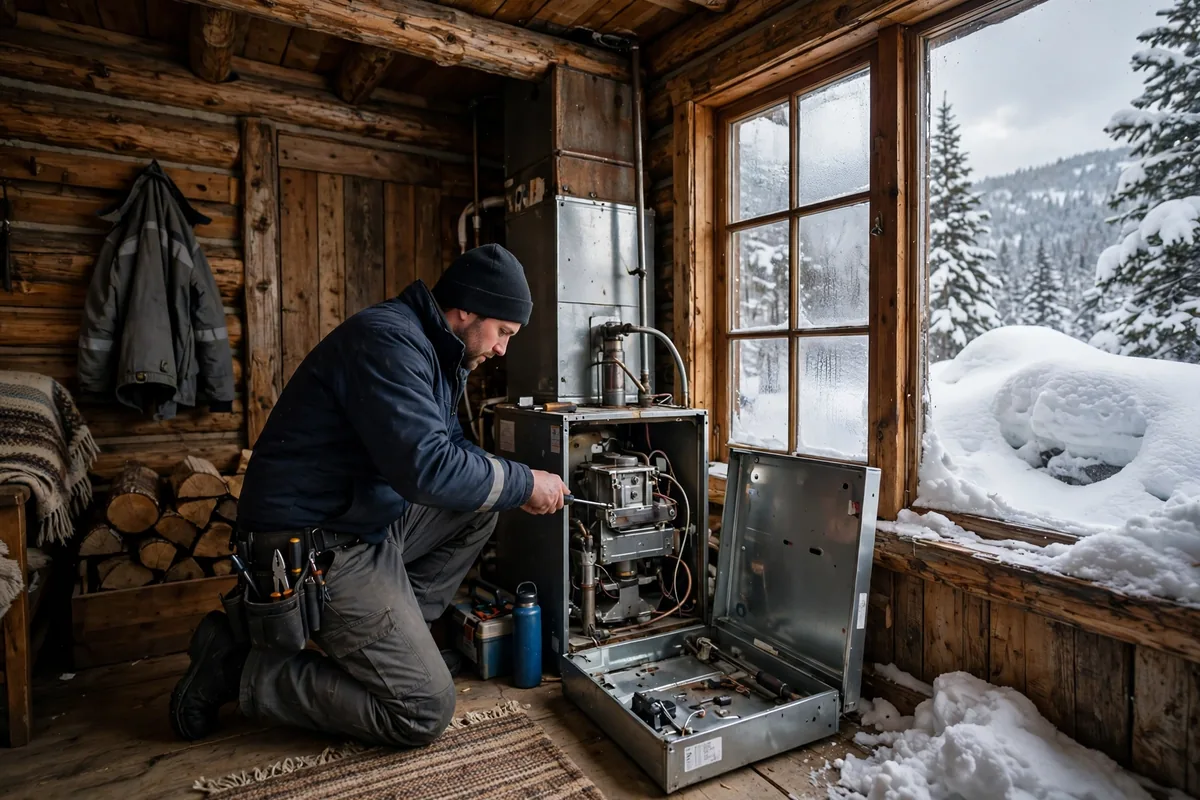 Technician servicing a furnace in a Jackson log cabin with deep snow outside