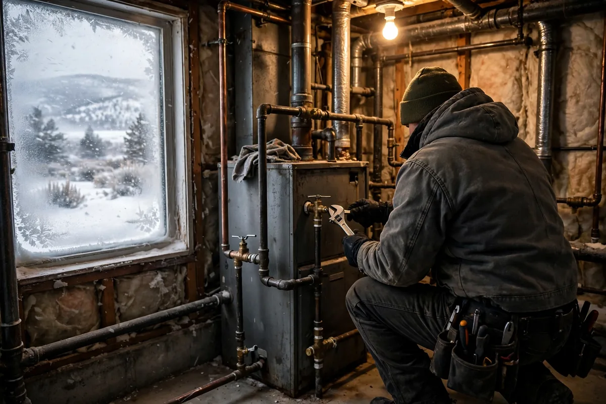 Technician working on furnace pipes with a wrench, frosty window and snow outside