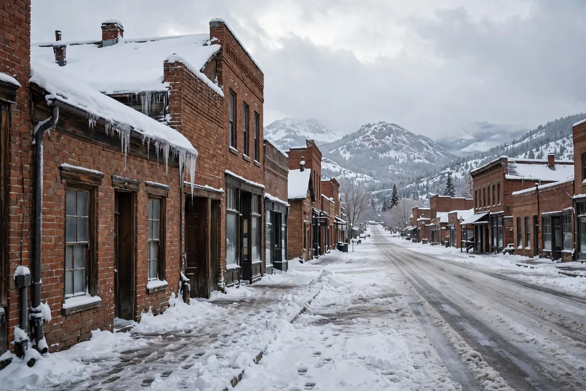 A snowy Wyoming town street with brick buildings and mountains behind