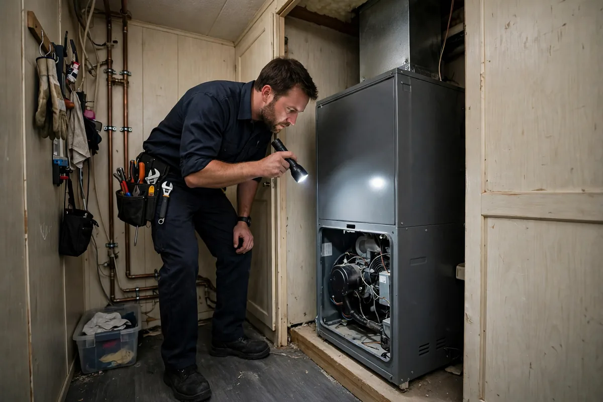 Technician checking a compact furnace in a small manufactured home utility closet