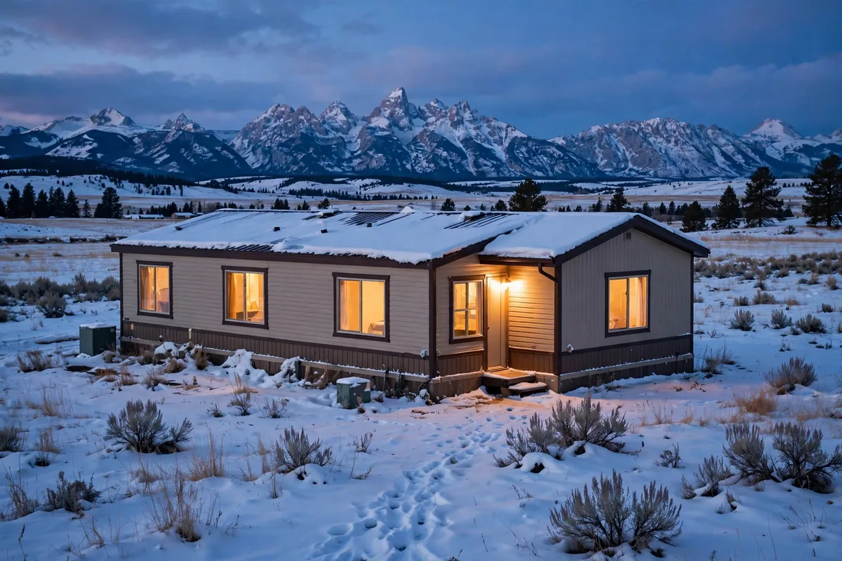 Manufactured home in a snowy Wyoming field at dusk with warm lights in the windows
