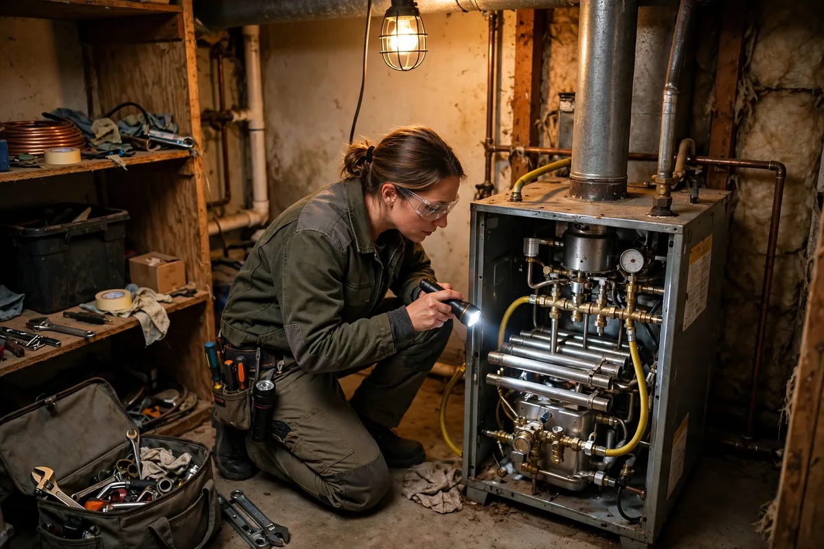 Technician checking a propane furnace burner assembly with a flashlight indoors