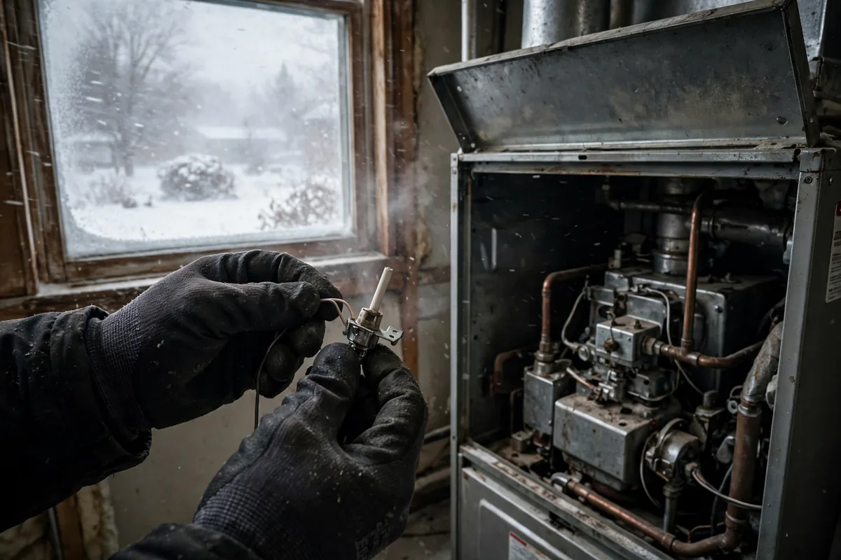 Gloved hand holding a furnace igniter part beside an open furnace, wind-blown snow through the window