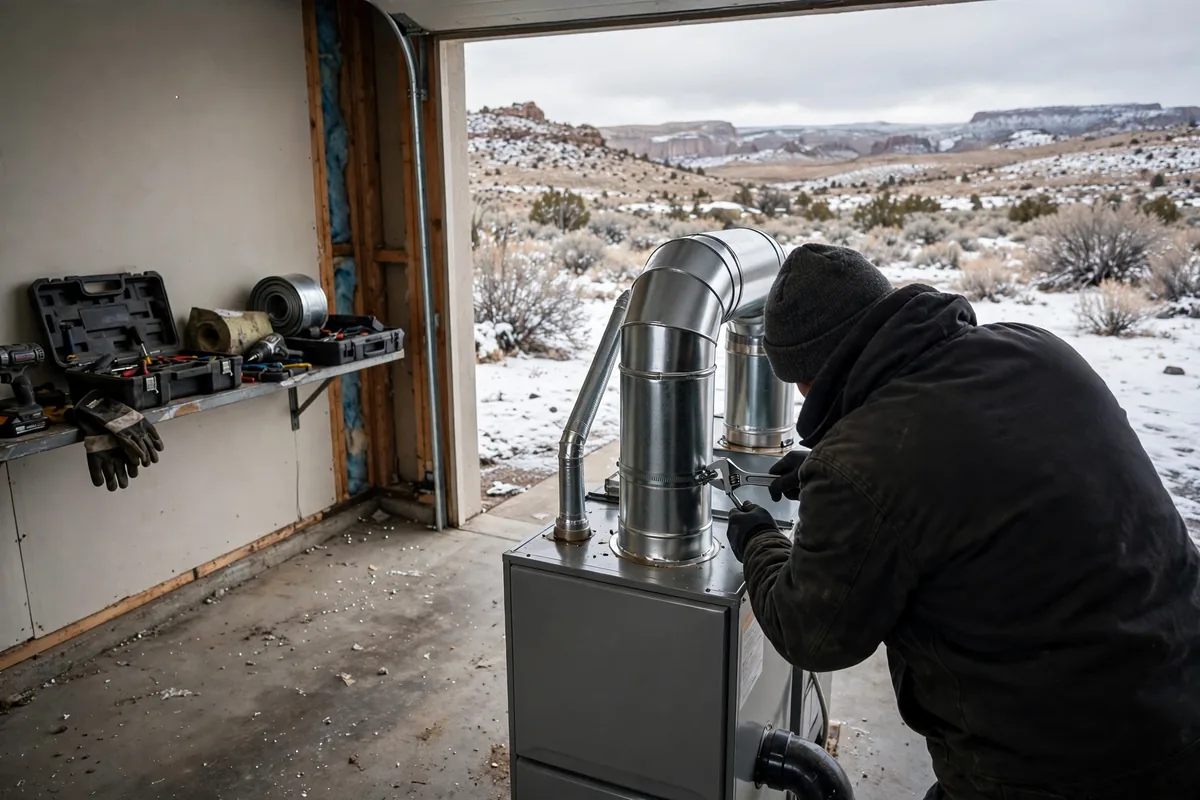 Technician working on a furnace vent pipe in a garage, snowy high desert outside