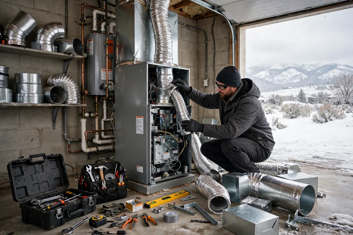 Technician fitting ductwork to a new furnace in a Rock Springs garage