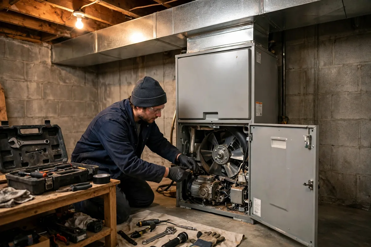 Technician servicing an open forced-air furnace with ductwork in a basement
