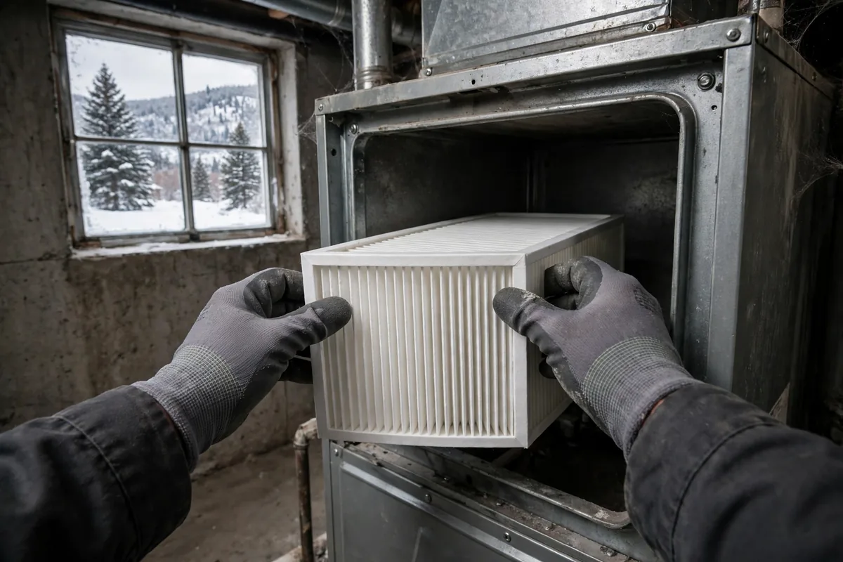 Gloved hands fitting a new filter into an open furnace, snowy foothills visible through the window