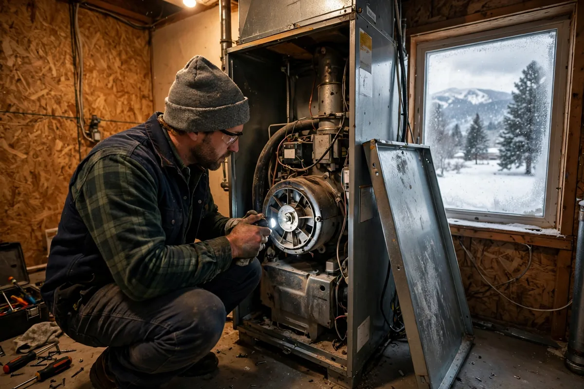 Technician inspecting a furnace blower with a flashlight in a Sheridan home
