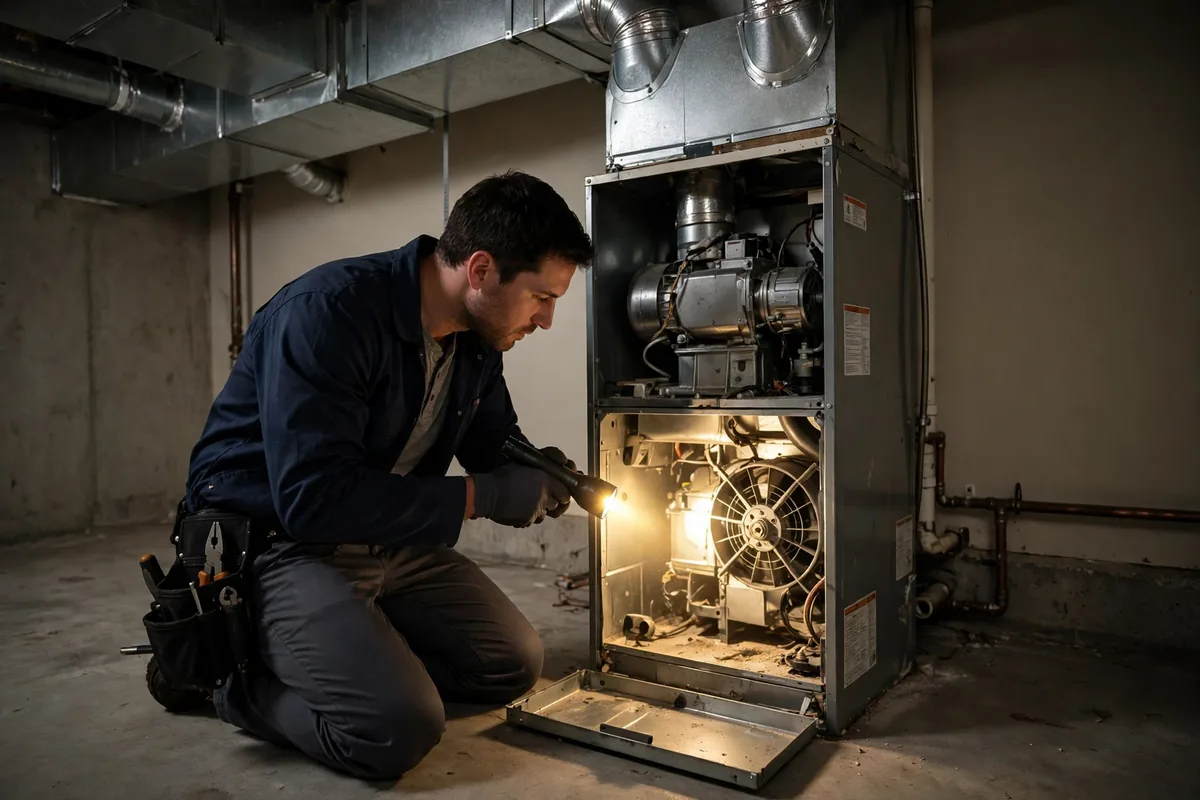Technician checking the blower compartment of an open furnace with a flashlight